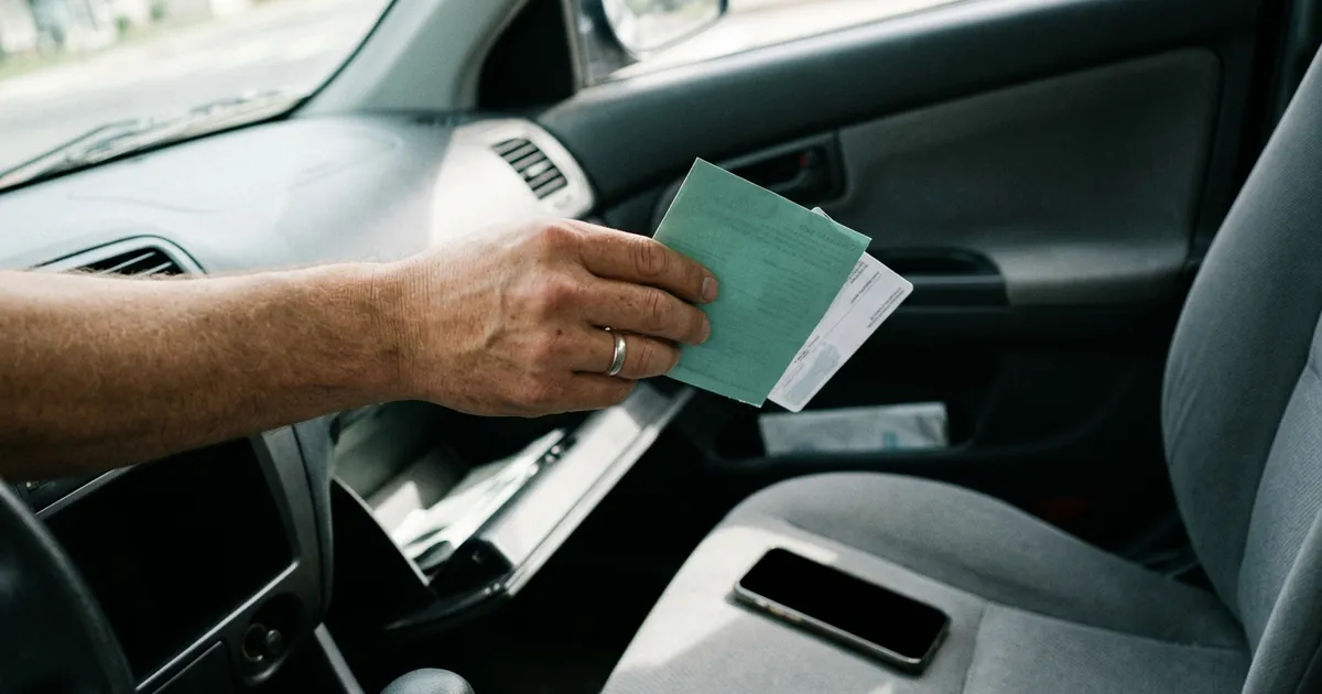 Mano sacando la cédula verde y el comprobante del seguro de la guantera, con el celular apoyado en el asiento