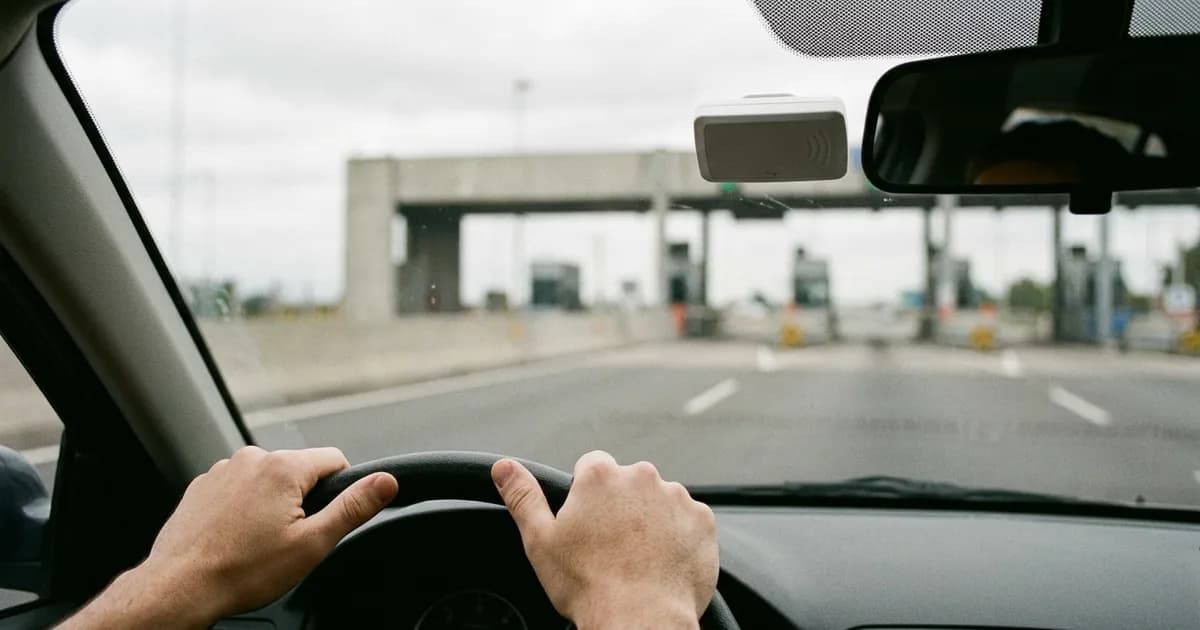 Manos al volante de un auto que se acerca a un peaje de autopista, con un dispositivo blanco pegado en el parabrisas