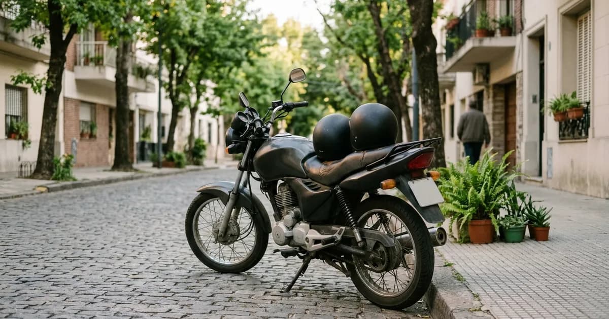 Moto negra estacionada junto al cordón de una calle adoquinada, con dos cascos apoyados sobre el asiento